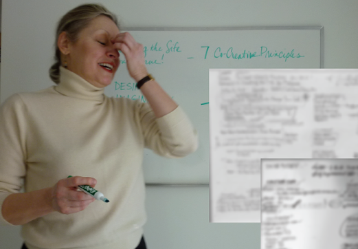 woman standing at whiteboard looking tiredPicture