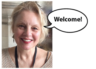 color photo of woman Catherine Lenard with thought bubble saying welcome