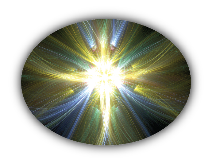 oval shape with a bright yellow starburst in the middle with blue, green, and yellow wisps of light
